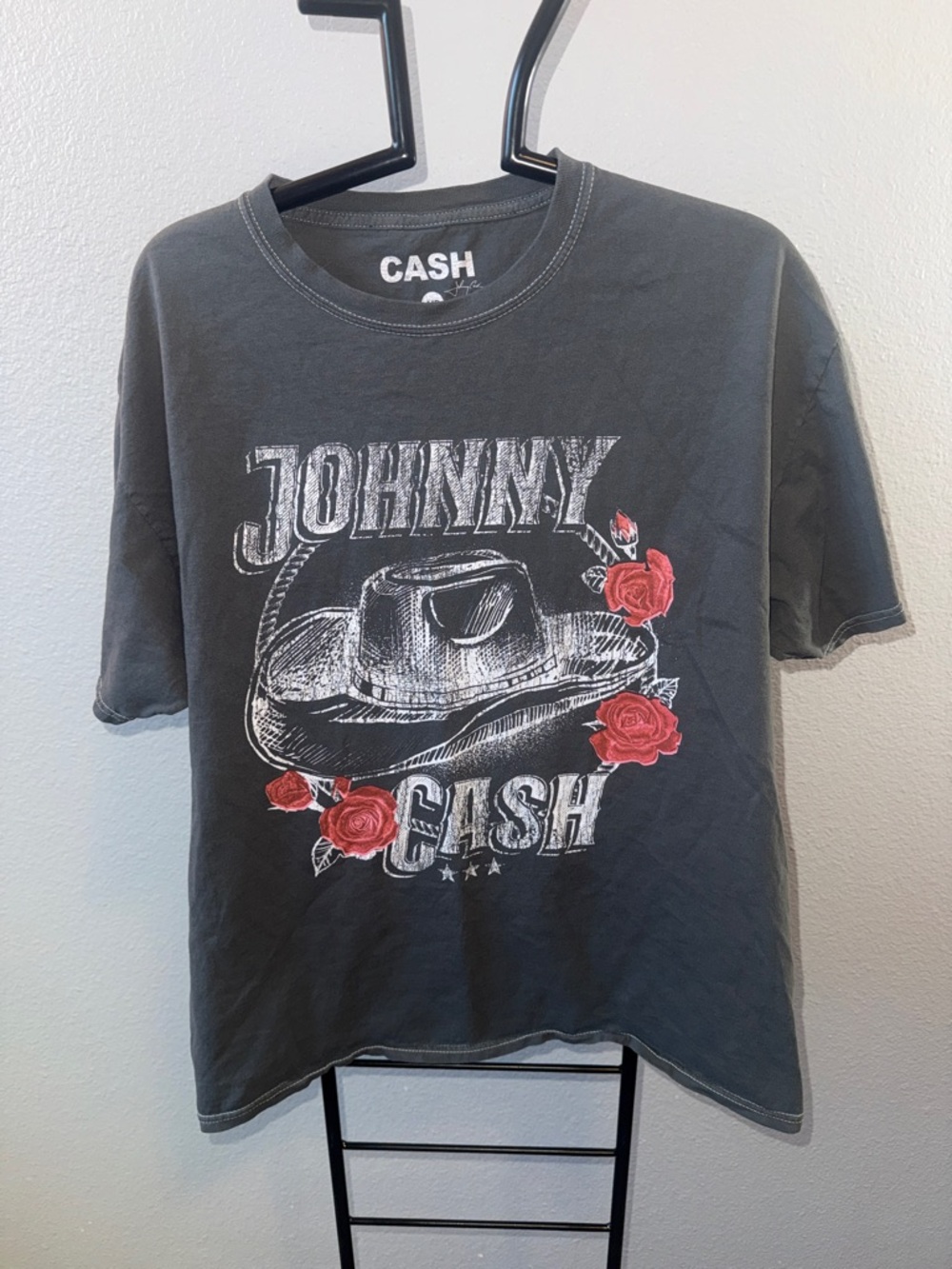 Ash Black Johnny Cash Graphic Tee with Red Roses